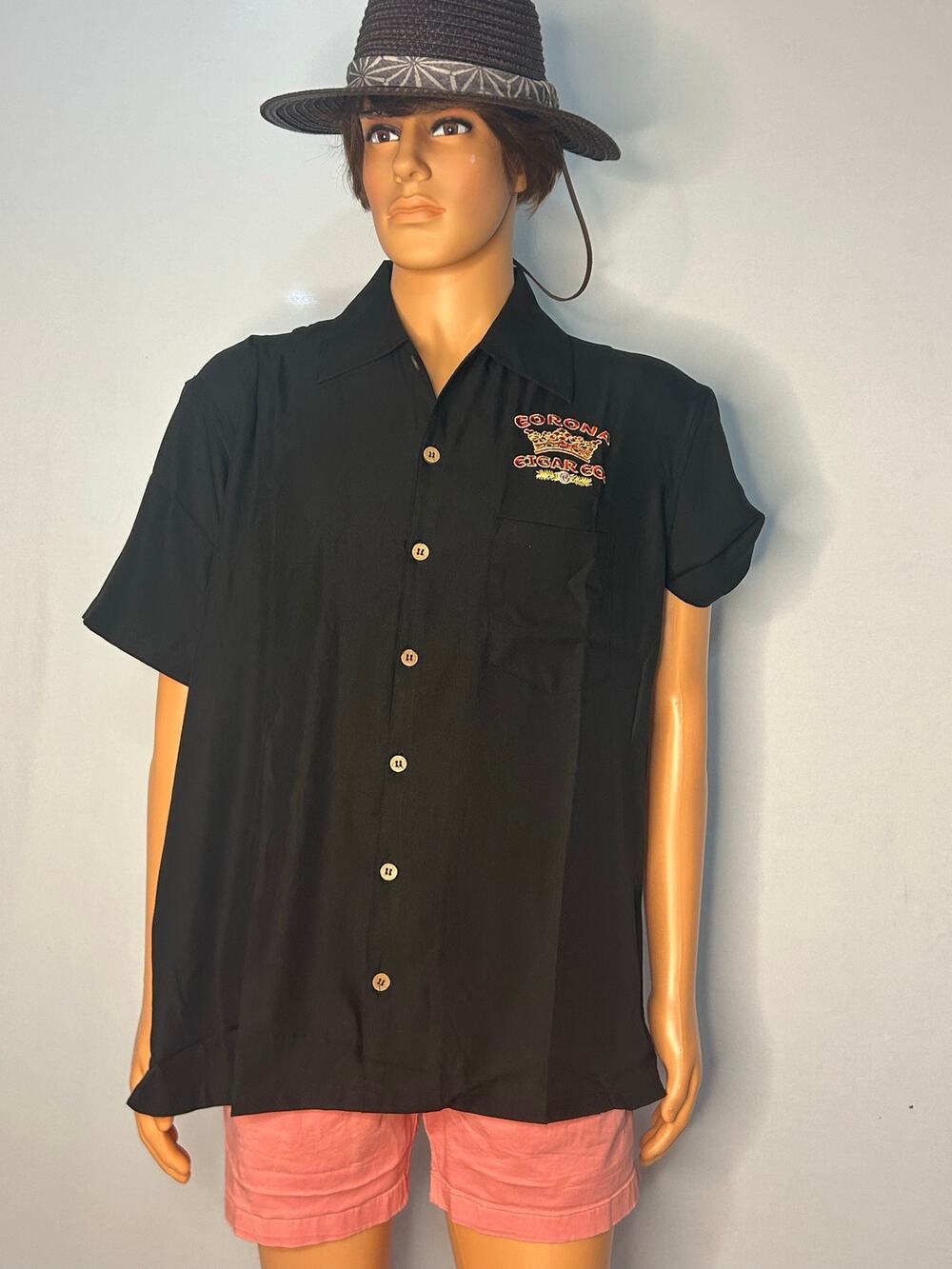 Max Mehra Corona Cigar Co Shirt Mens M Black Embroidered Camp Button Up NWT